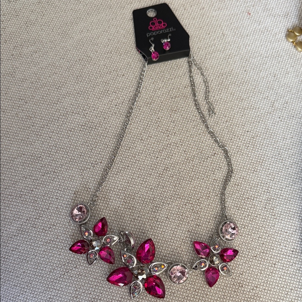 paparazzi Hot Pink and Light Pink Floral Cluster Necklace & Earring set